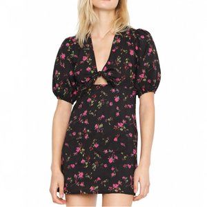 PAM & GELA Mini Dress Women V-Neck Short Bubble Sleeve Ditsy Floral Print Black